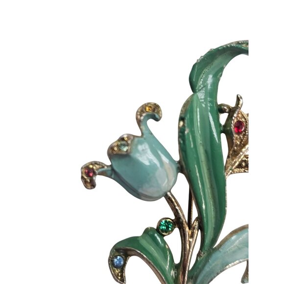 Vintage Enamel Tulip Brooch With Rhinestones Gold-Tone Floral Pin Green & Multic - Picture 16 of 16
